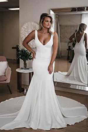 Simple V Neck Mermaid Wedding Dress With Long Train, Sexy Backless Beach Wedding Dress N1723
