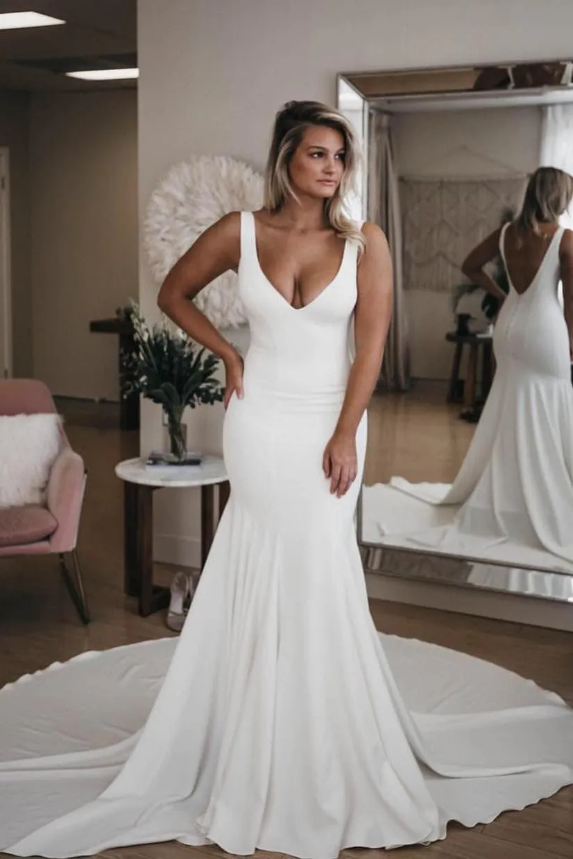 Simple V Neck Mermaid Wedding Dress With Long Train, Sexy Backless Beach Wedding Dress N1723