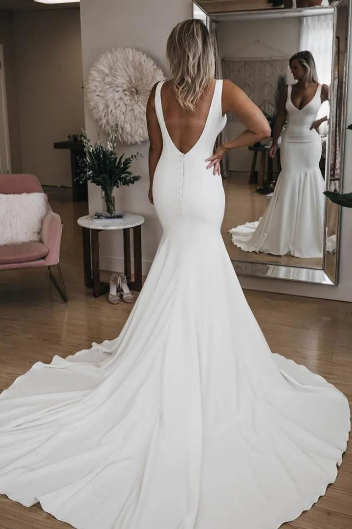 Simple V Neck Mermaid Wedding Dress With Long Train, Sexy Backless Beach Wedding Dress N1723