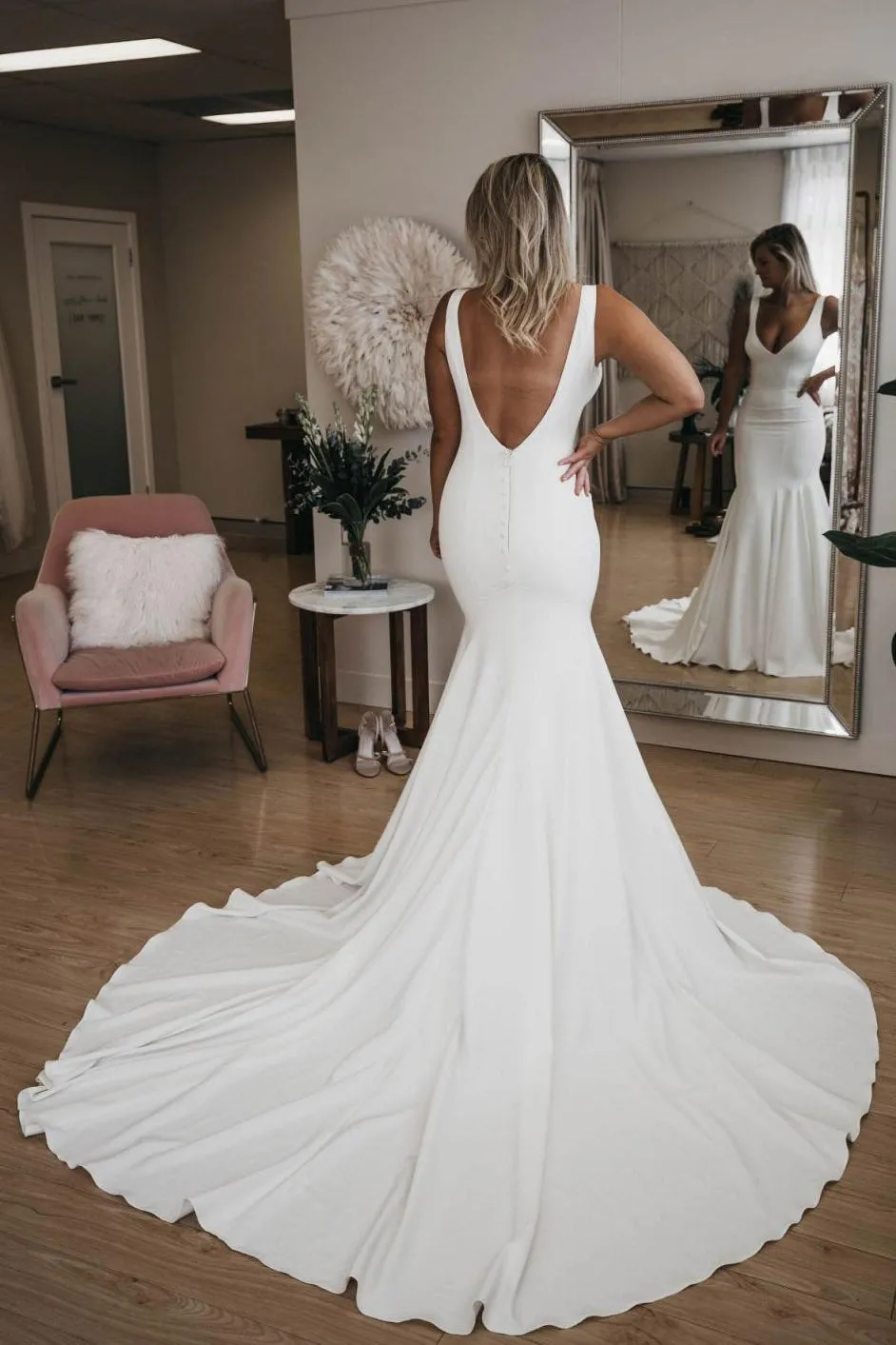 Simple V Neck Mermaid Wedding Dress With Long Train, Sexy Backless Beach Wedding Dress N1723