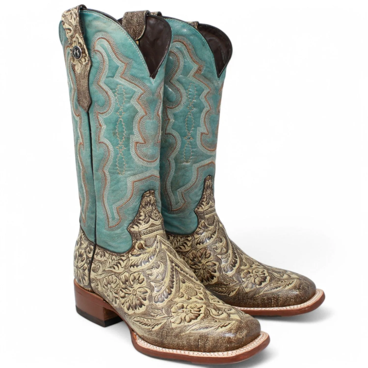 Tanner Mark Women's Hand Tooled Square Toe Leather Boots Brown TML207098