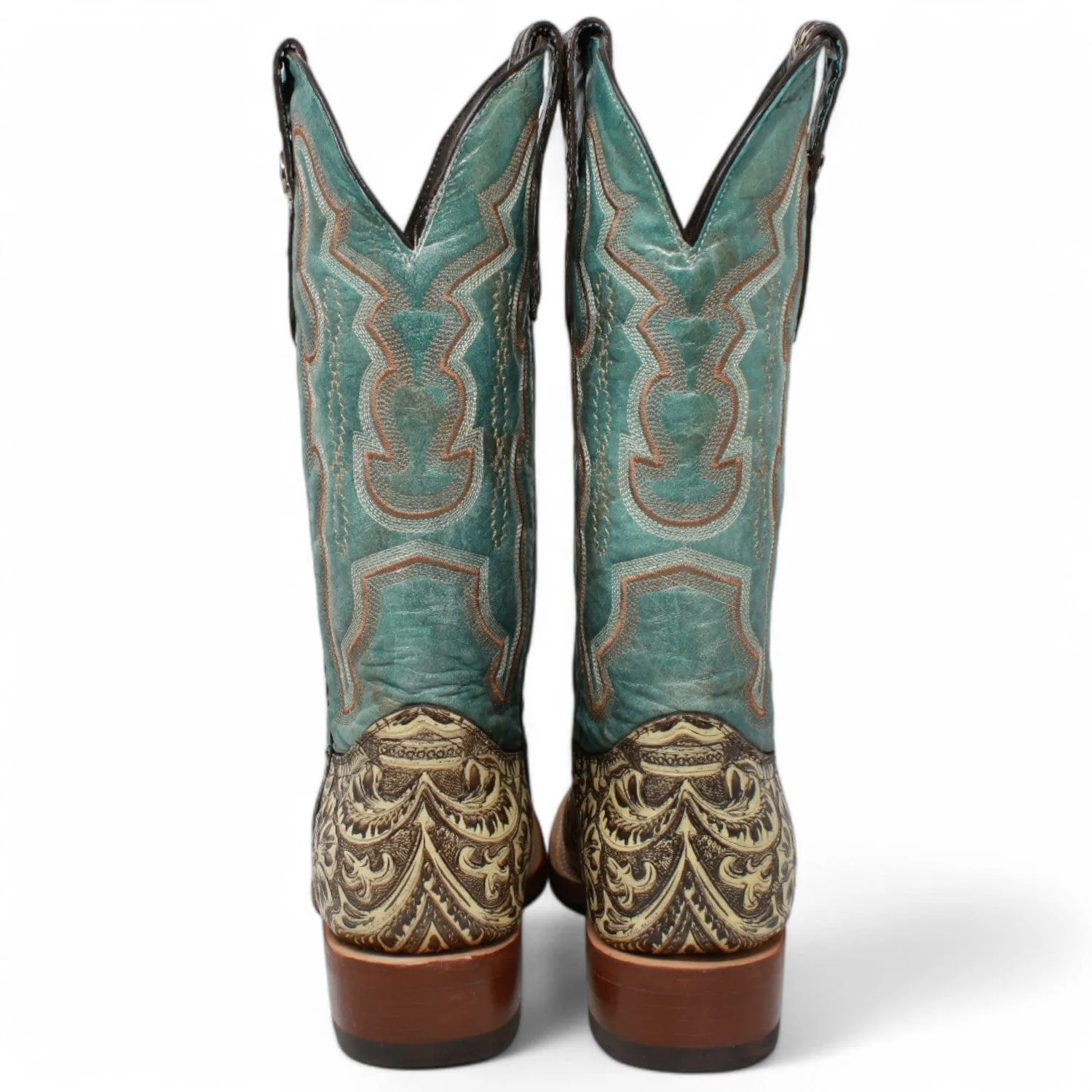 Tanner Mark Women's Hand Tooled Square Toe Leather Boots Brown TML207098