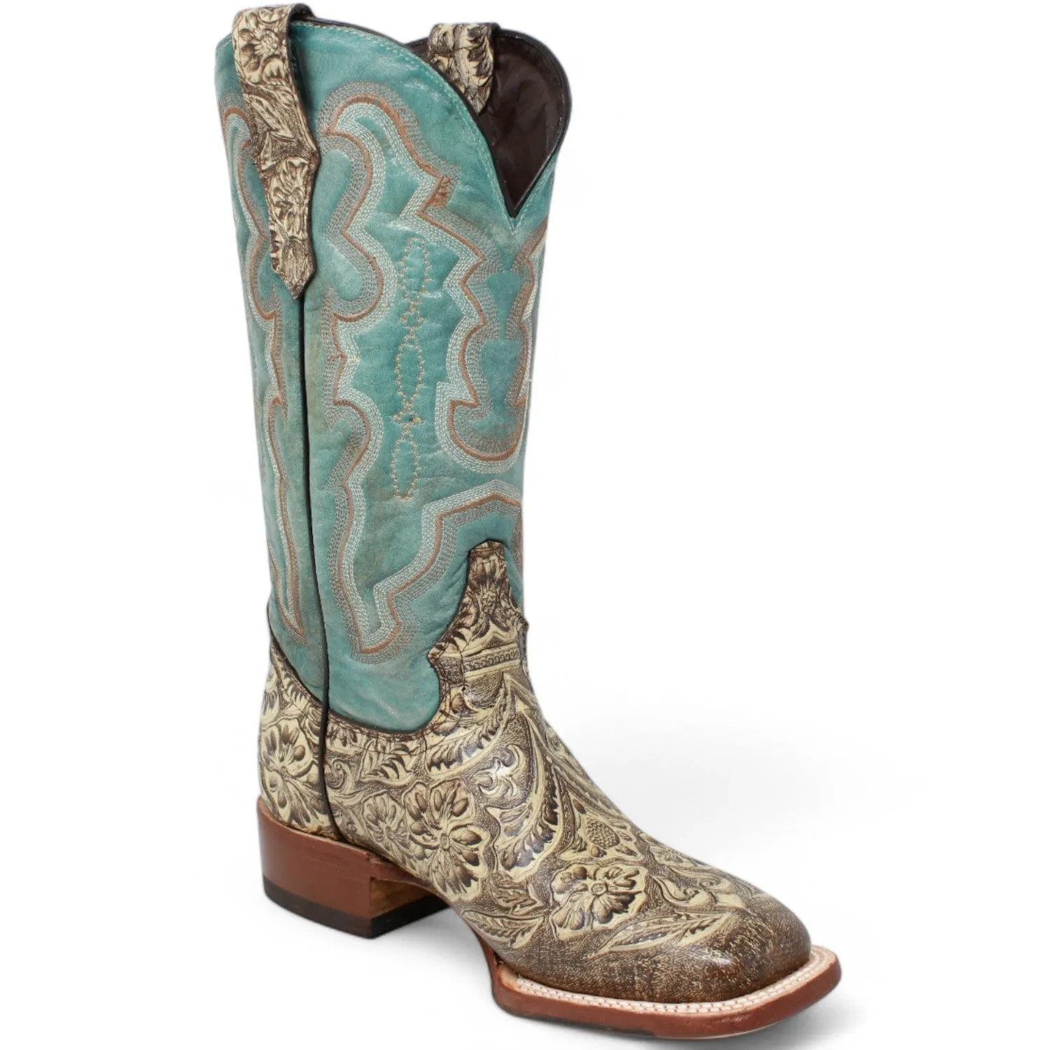Tanner Mark Women's Hand Tooled Square Toe Leather Boots Brown TML207098