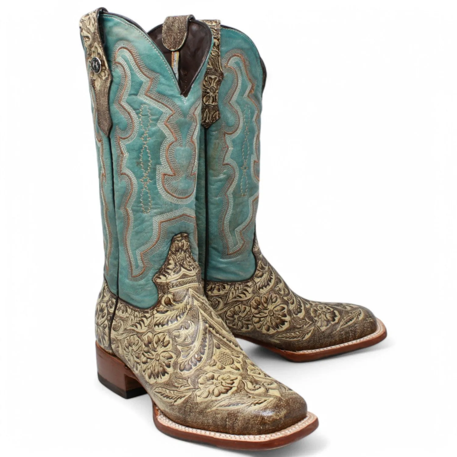 Tanner Mark Women's Hand Tooled Square Toe Leather Boots Brown TML207098