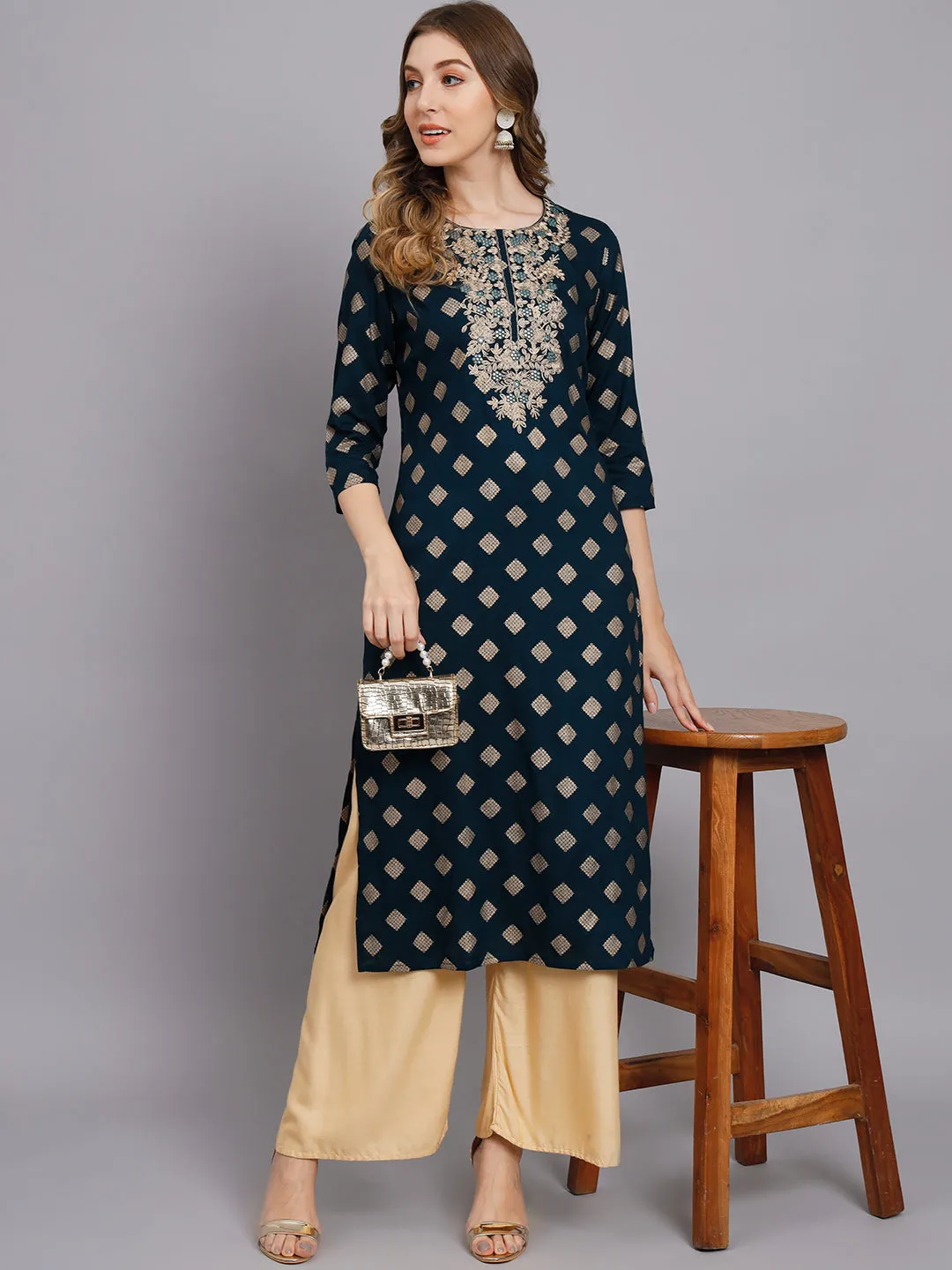 Women's Teal Blue Rayon Straight Kurta