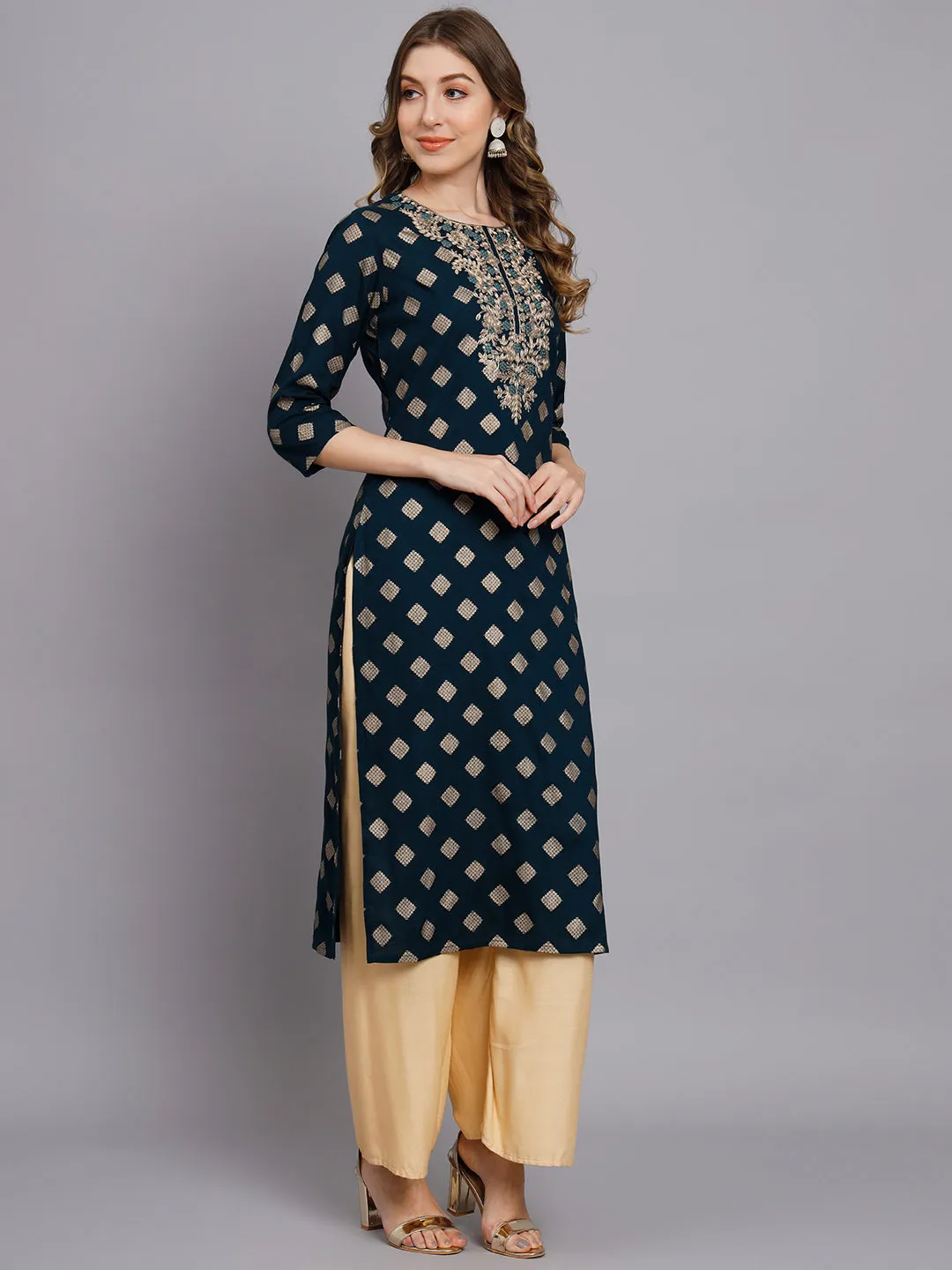 Women's Teal Blue Rayon Straight Kurta