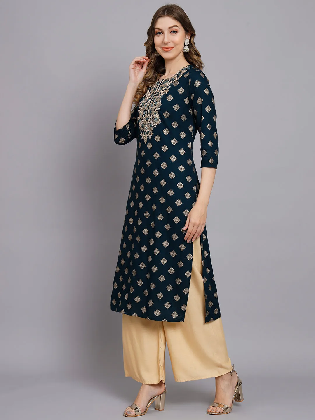Women's Teal Blue Rayon Straight Kurta