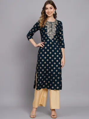 Women's Teal Blue Rayon Straight Kurta